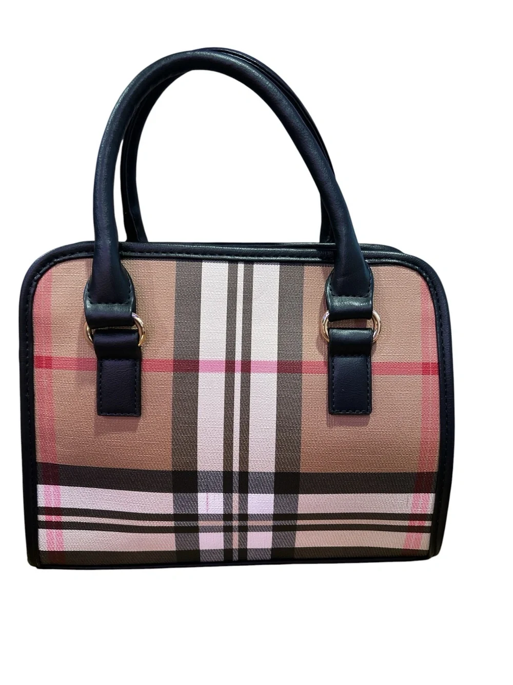 Wendy Keen Plaid Satchel and Wallet Set with Black Trim - Beige/Tan Plaid